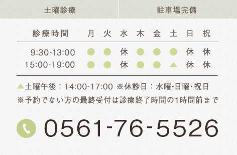 土曜診療 駐車場完備 土曜午後：14:00-17:00 ※休診日：水曜・日曜・祝日※予約でない方の最終受付は診療終了時間の1時間前まで 0561-76-5526